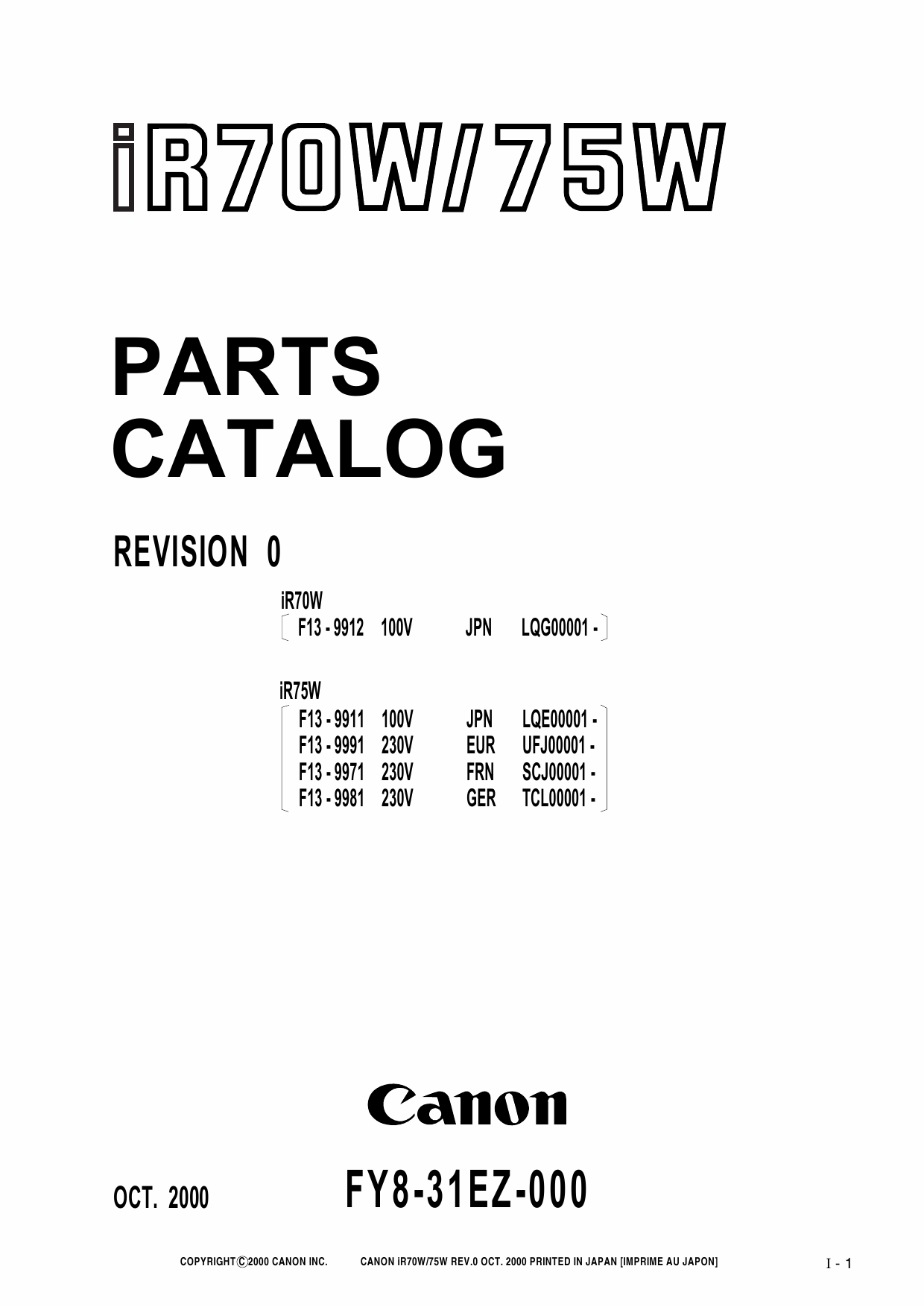 Canon imageRUNNER iR-70W 75W Parts and Service Manual-1